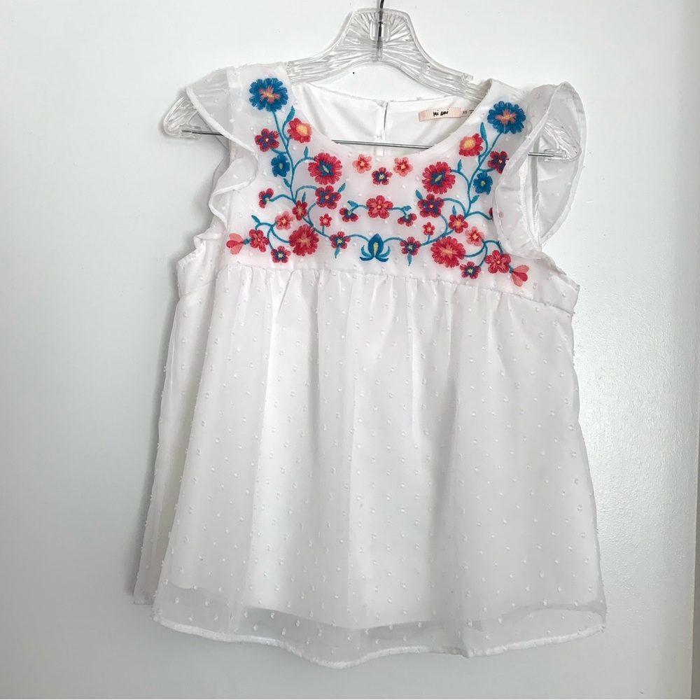 Mi Ami Top Embroidered Babydoll Floral Ruffle Polka Dot Shirt Sz XS White Sheer
